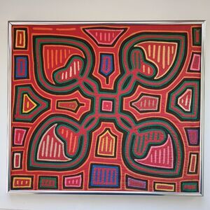 Vintage Panama Kuna Mola Hand Stitched Embroidery Cloth Framed 15” x 17”